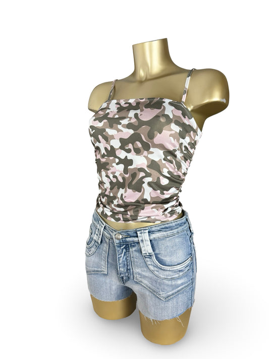 Baby pink & khaki camo print top (S)