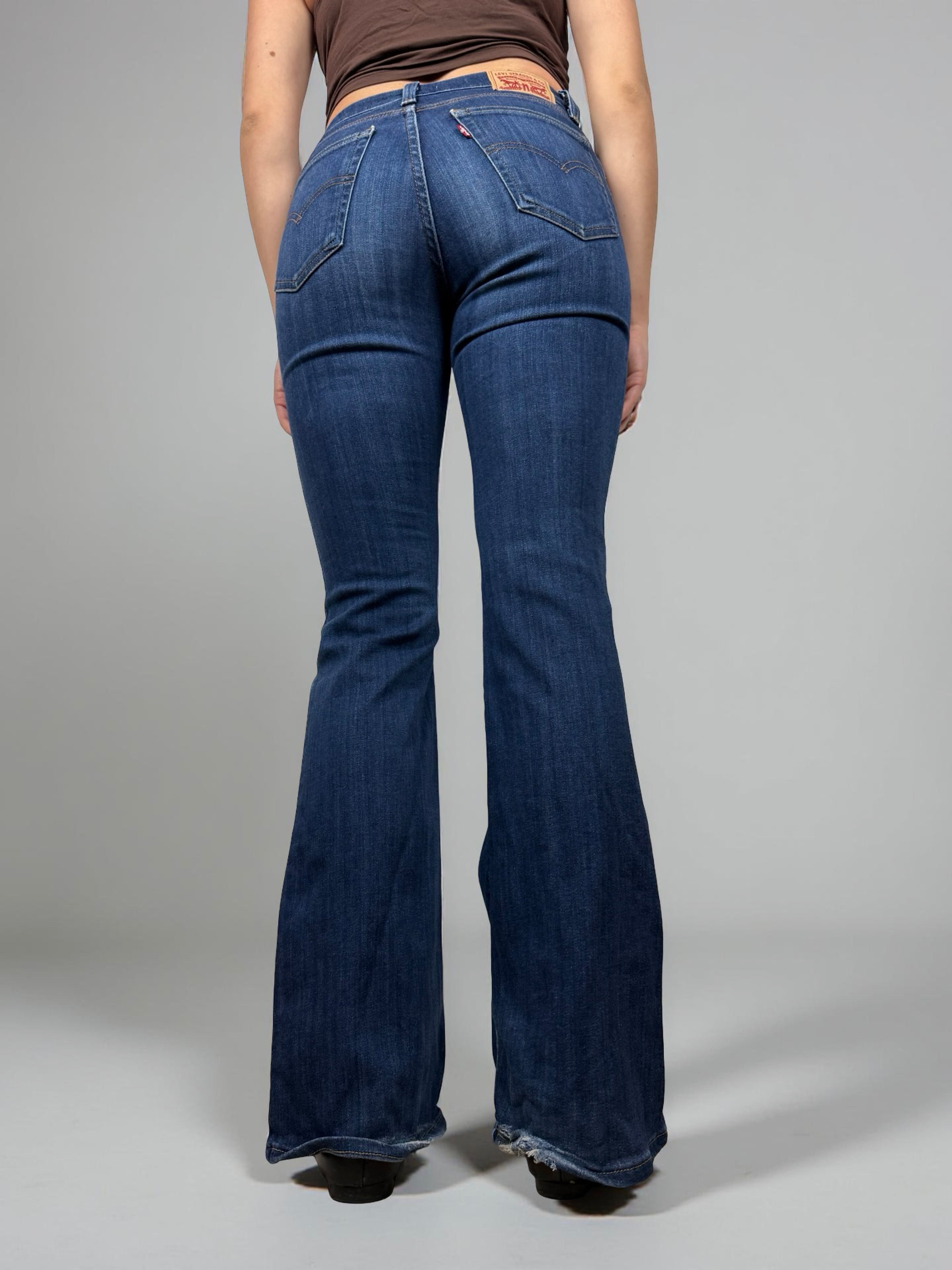 Navy denim high rise flare pants (S)