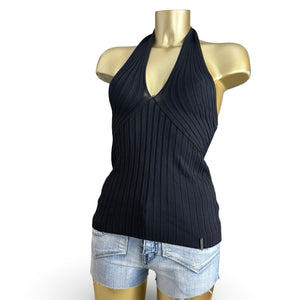 Black ribbed backless halter top (M)