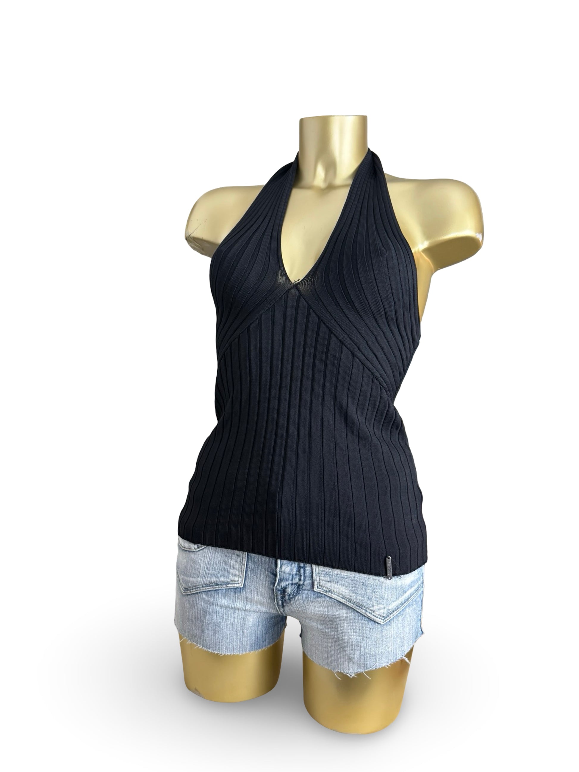 Black ribbed backless halter top (M)