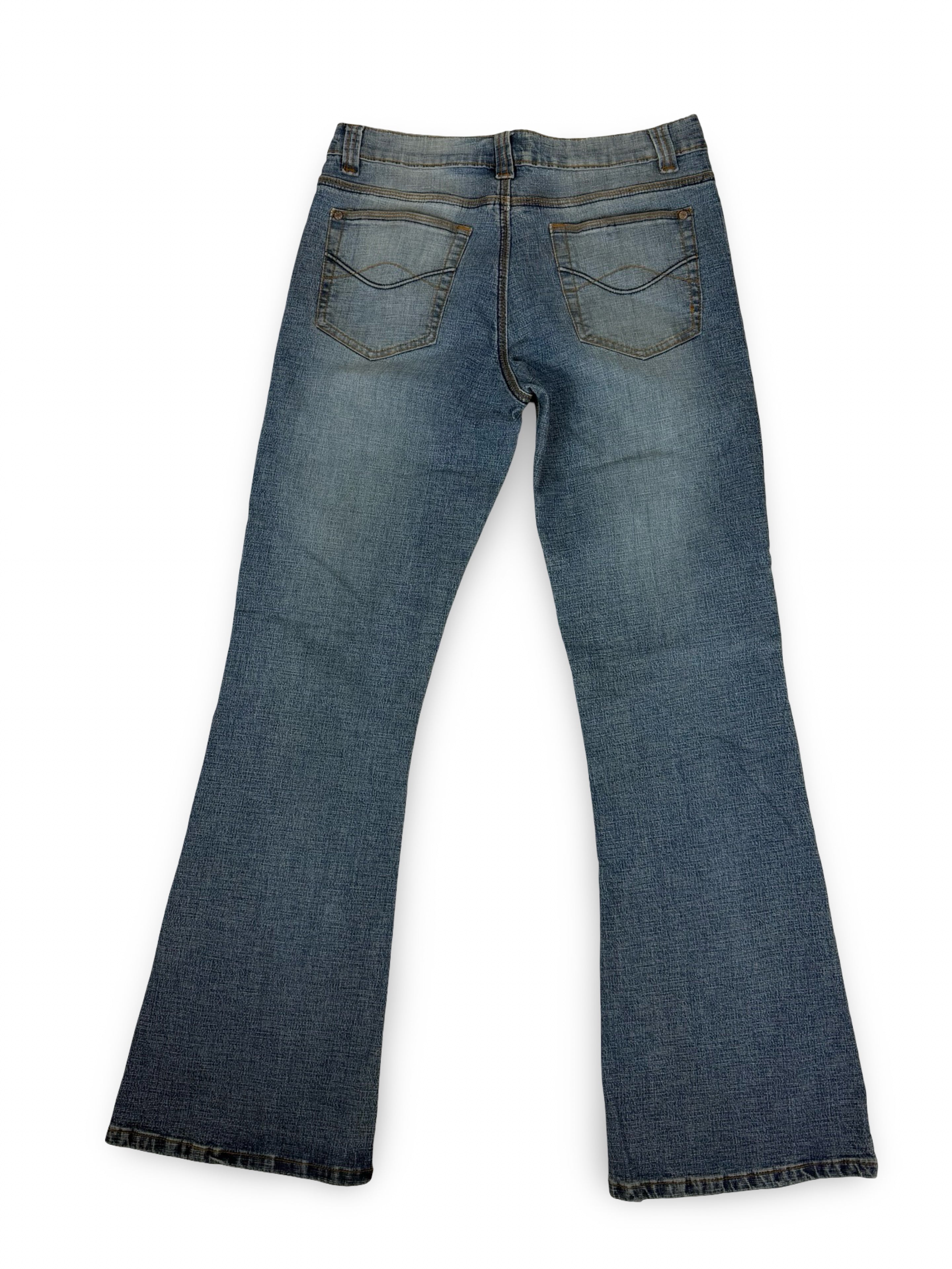 Blue denim low rise flare pants (S)