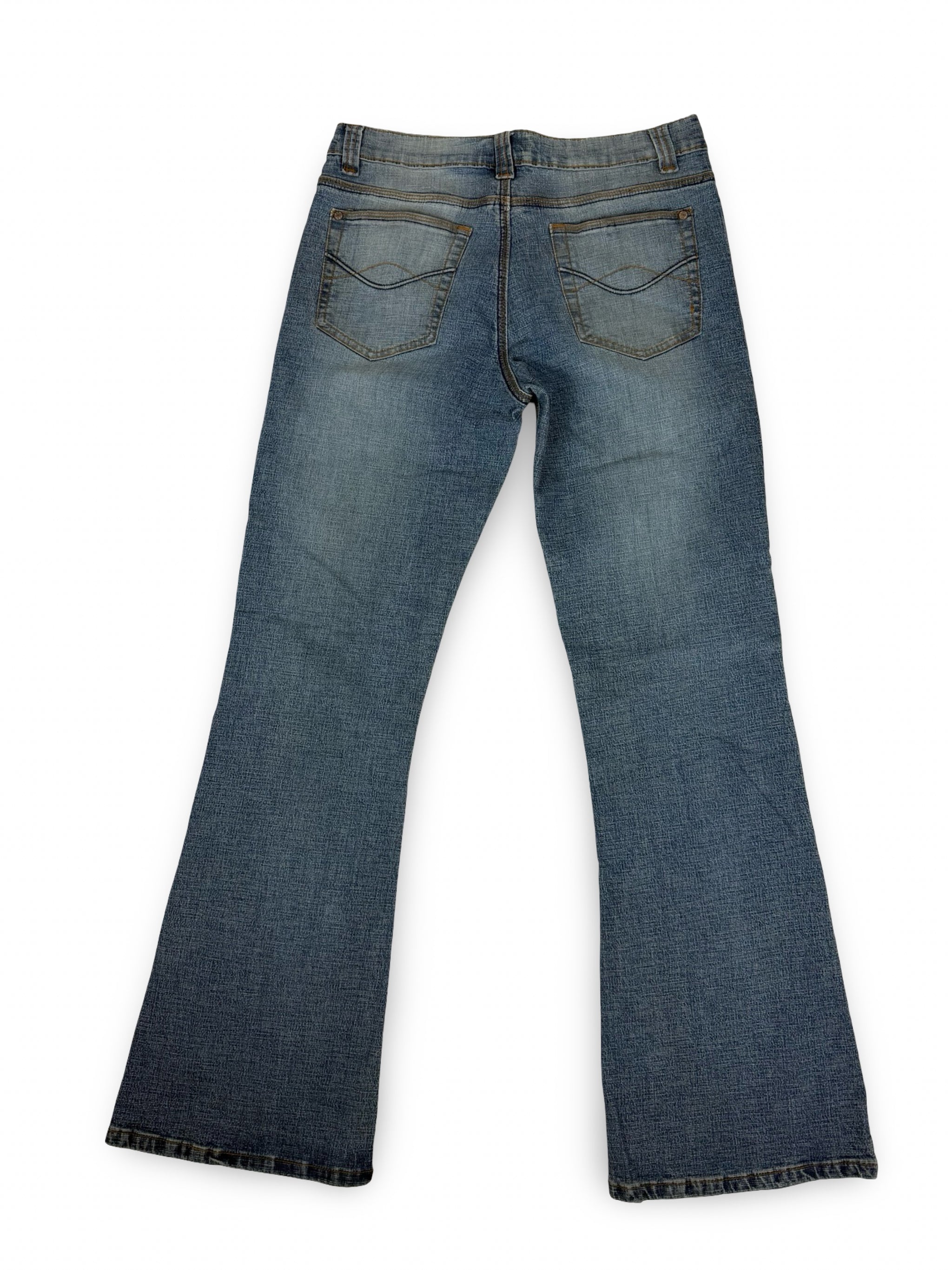 Blue denim low rise flare pants (S)