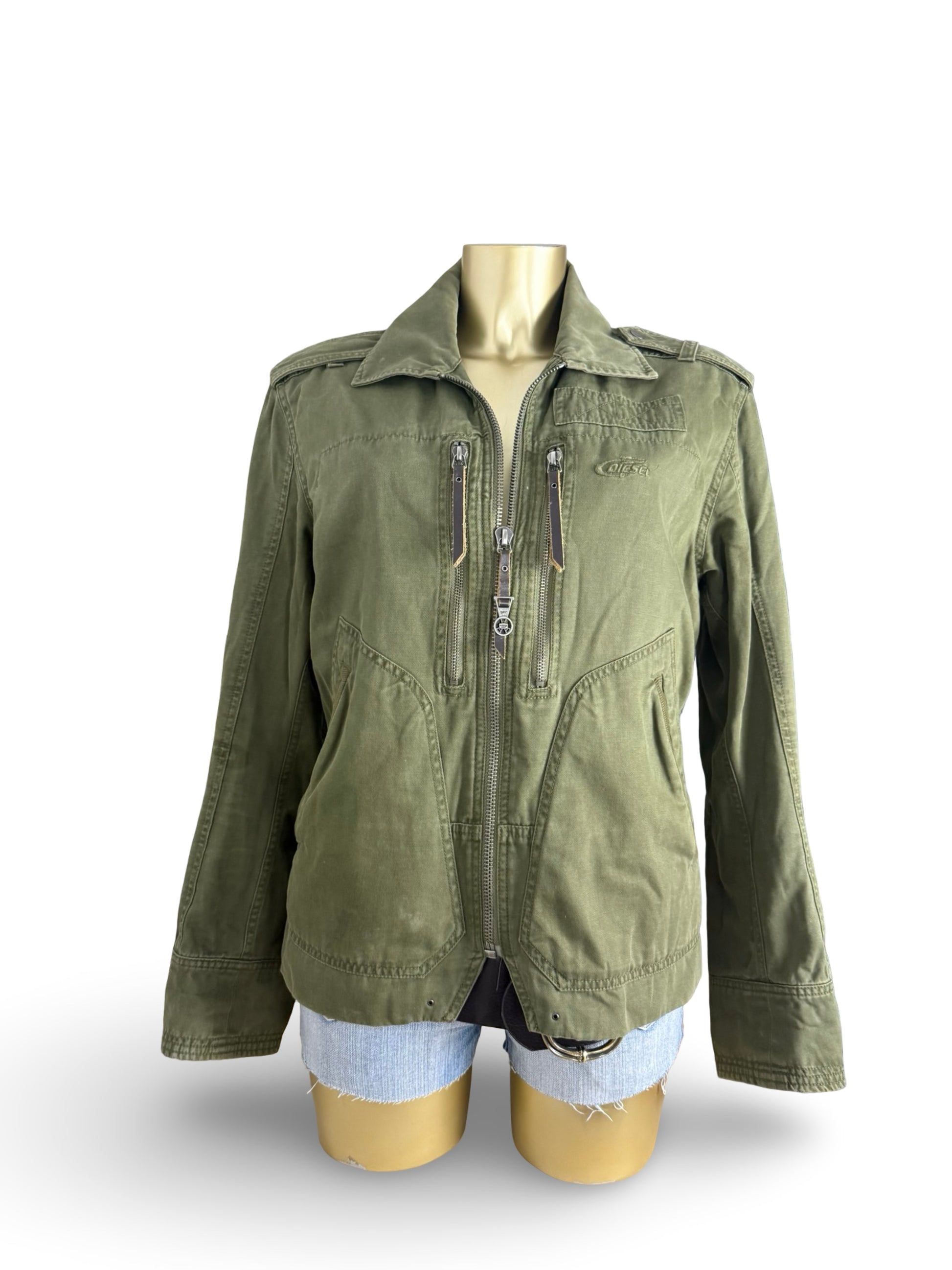 Khaki utility zip up cotton jacket (M)