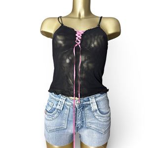 Black & pink mesh lined lace up babydoll cami top (S)