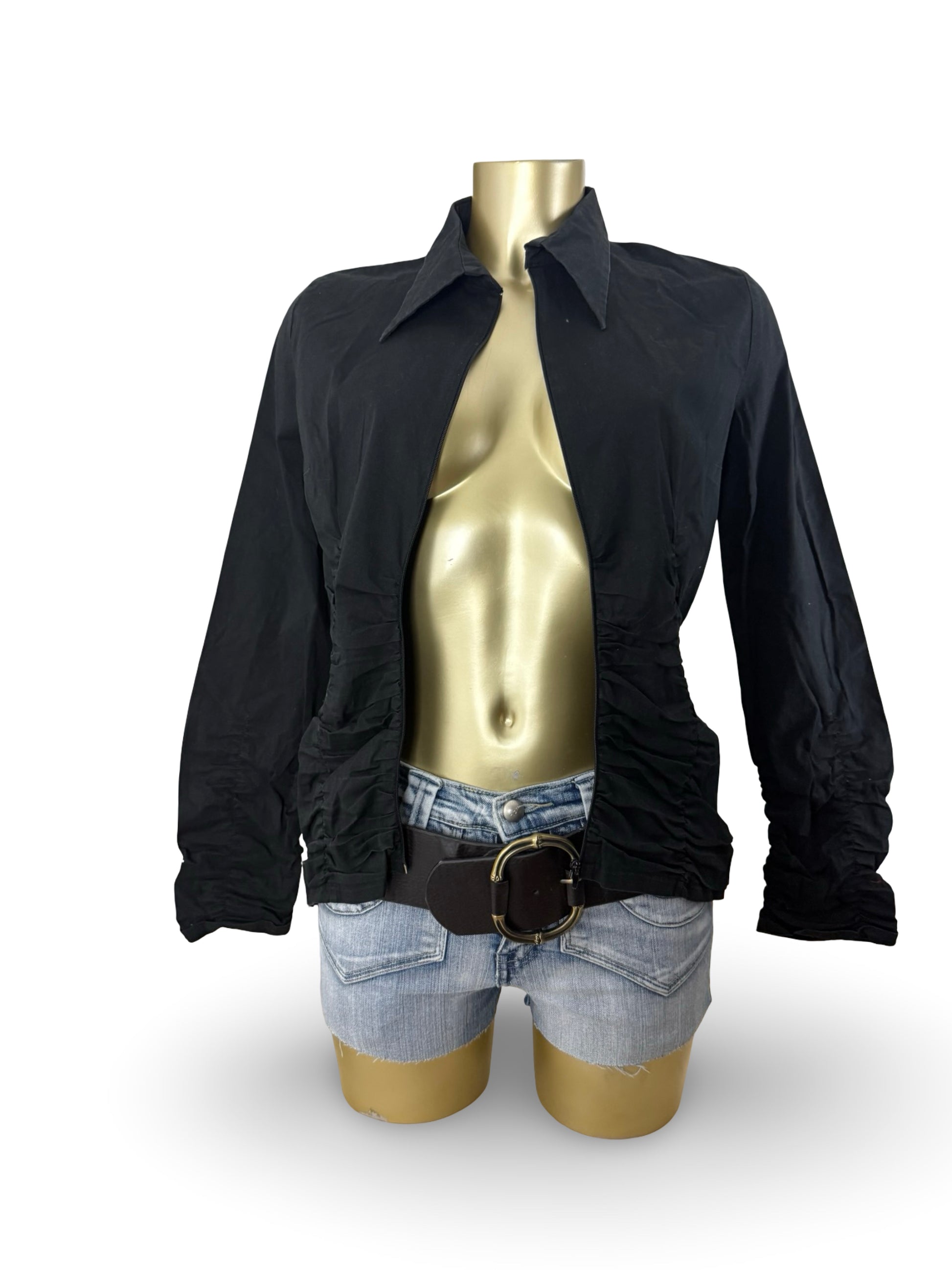 Black cotton ruched zip up tight fit shirt jacket (XL)