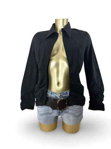 Black cotton ruched zip up tight fit shirt jacket (XL)