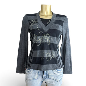 Grey V neck striped long sleeves top (S/M)