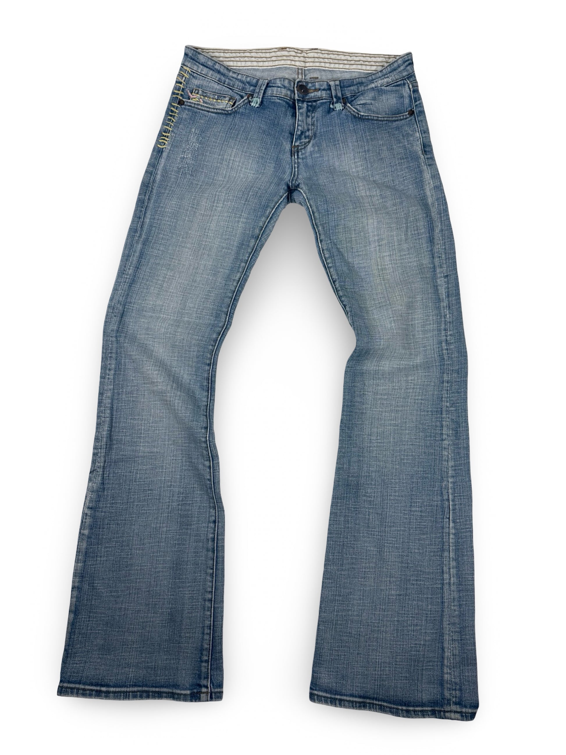 Blue denim low rise flared pants (M)