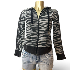 Black zebra print 100% cotton zip up hoodie (S)