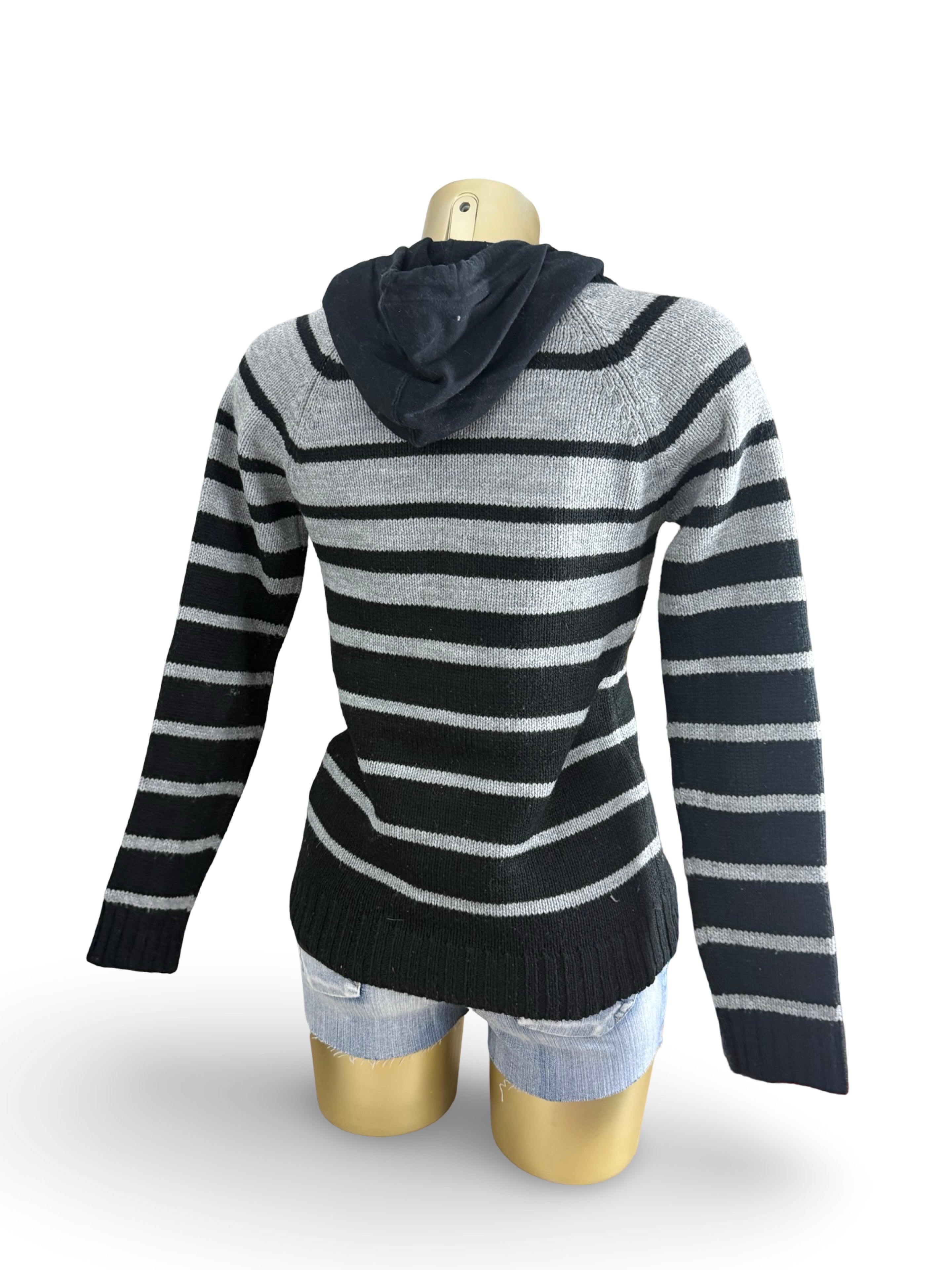 Black & grey striped hooded jumper (M)
