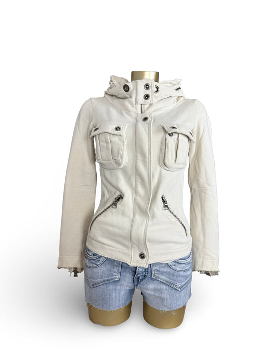 White cotton hooded zip up jacket (S)