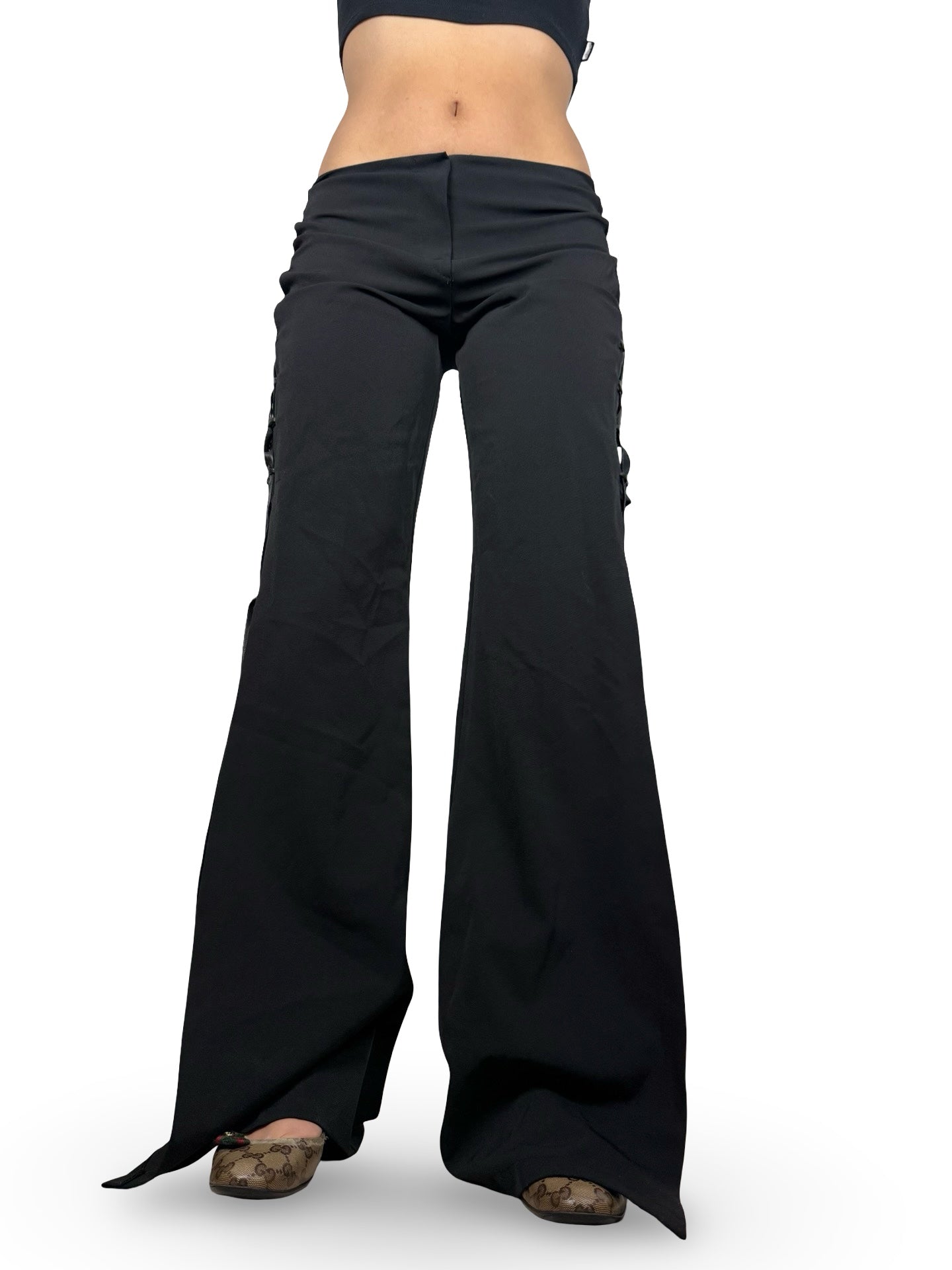 Black low waist office tie up flare pants (S/M)