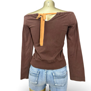 Brown off shoulder tie up long sleeves top (S/M)