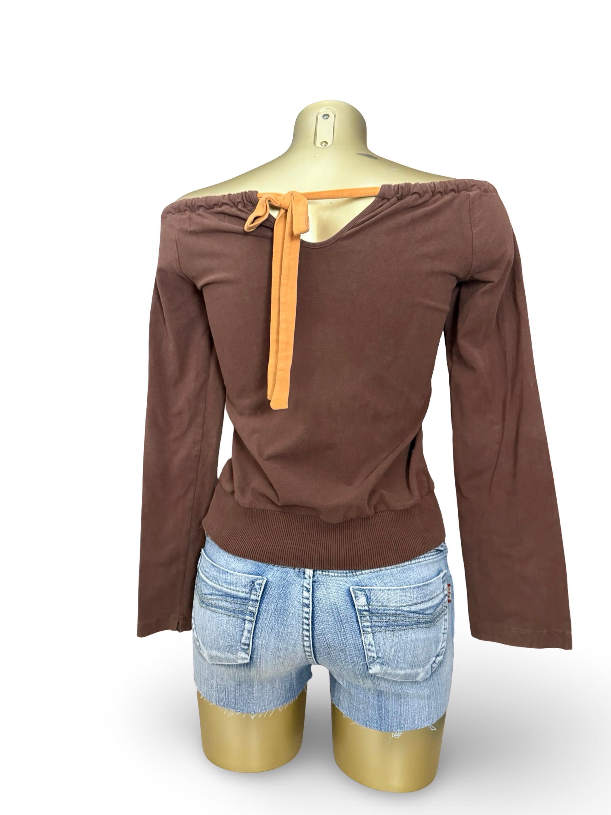Brown off shoulder tie up long sleeves top (S/M)