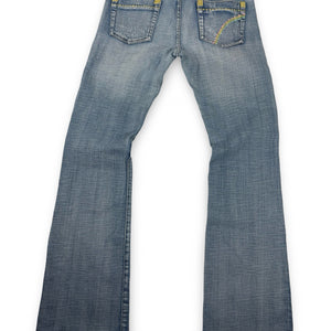 Blue denim low rise flared pants (M)