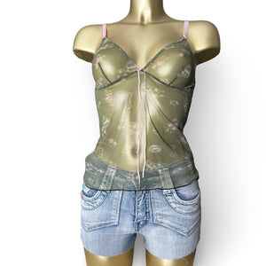 Khaki mesh babydoll cami top (S)