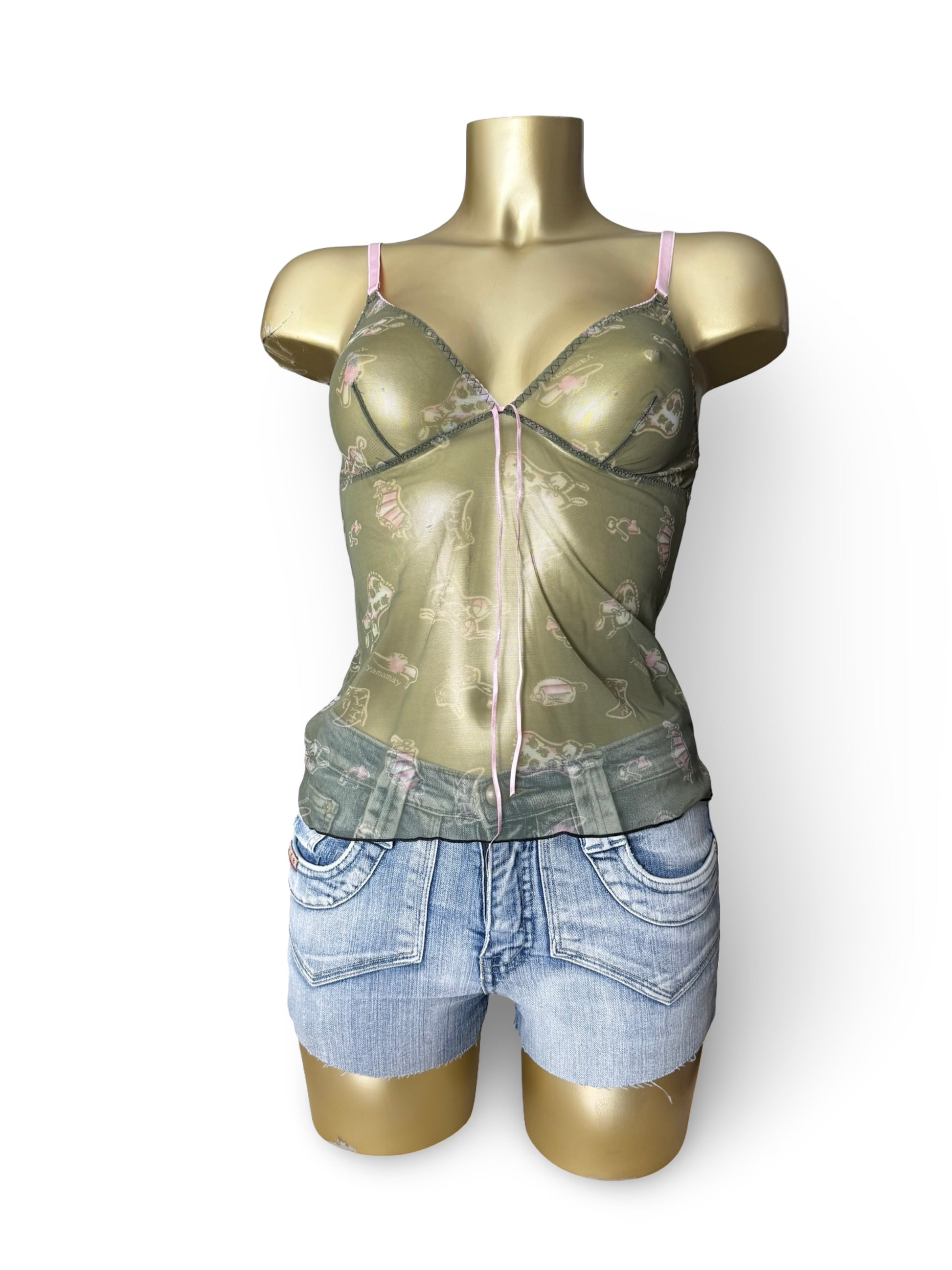Khaki mesh babydoll cami top (S)