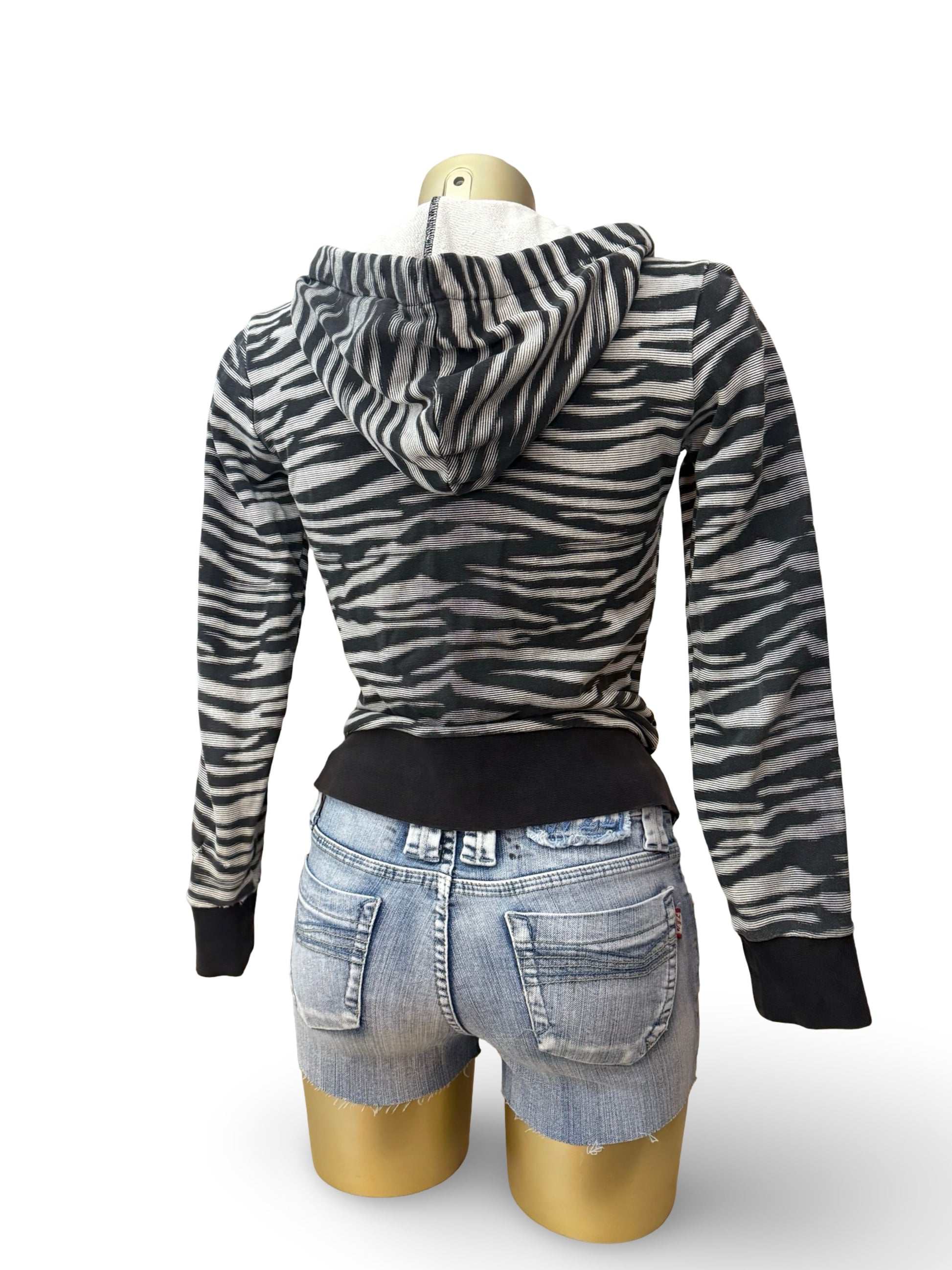 Black zebra print 100% cotton zip up hoodie (S)