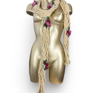 Beige crochet floral winter scarf