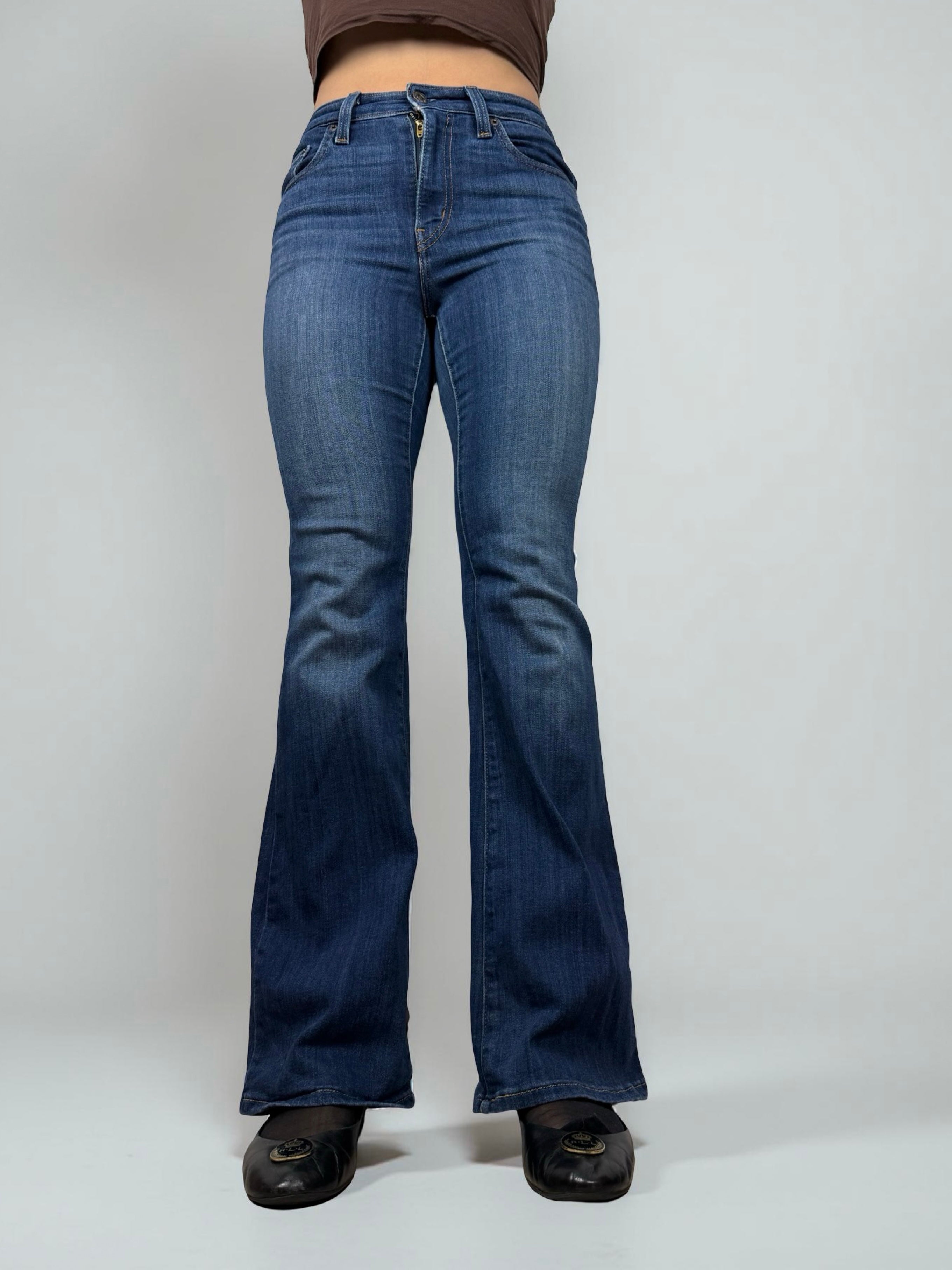 Navy denim high rise flare pants (S)