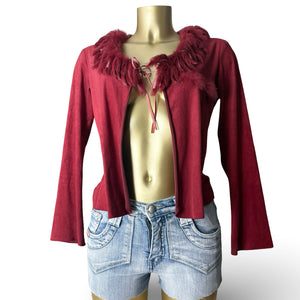 Burgundy red real fur & suede tie up cardigan top (S/M)