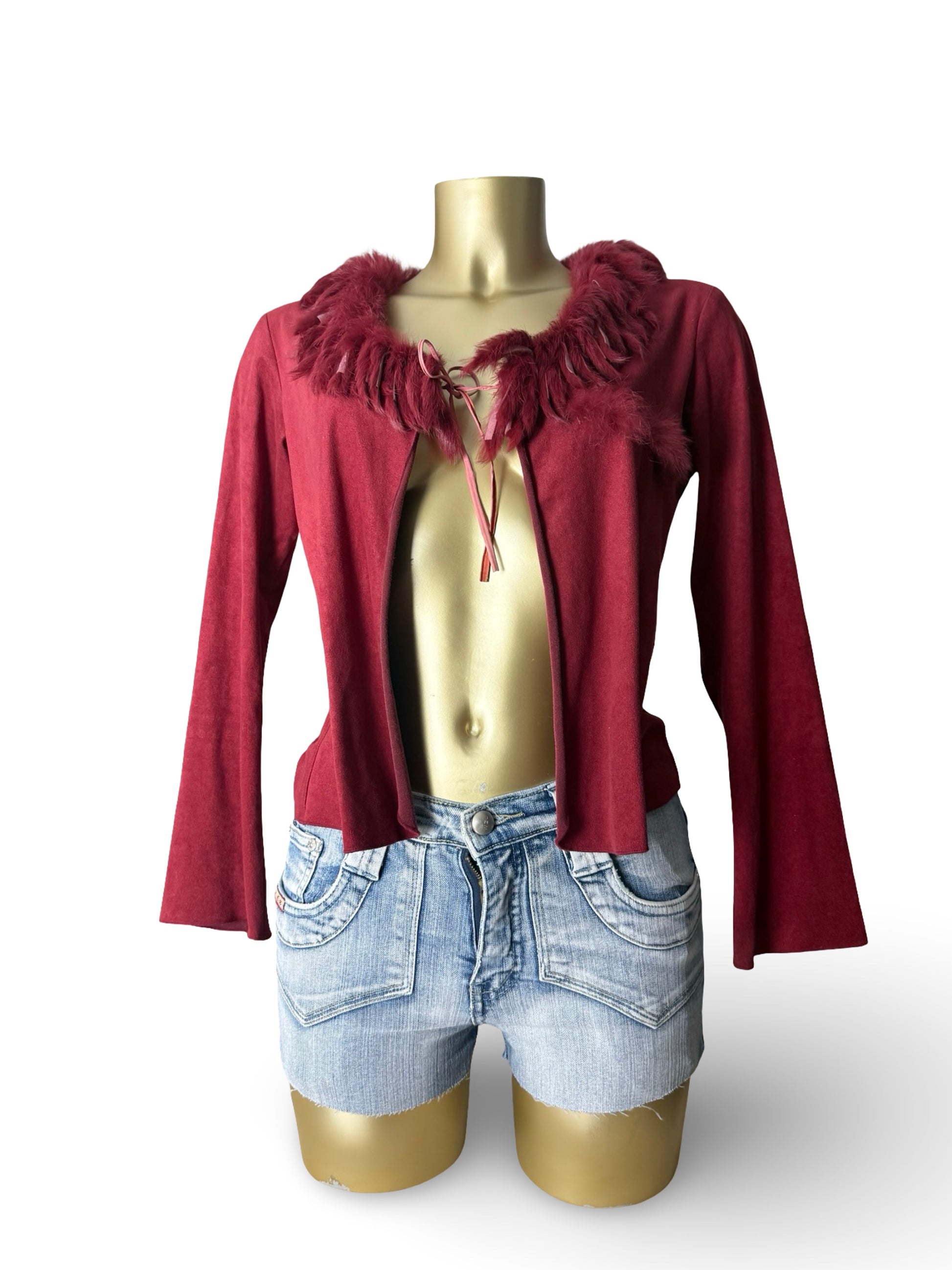 Burgundy red real fur & suede tie up cardigan top (S/M)