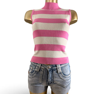 Pink striped high neck tight fit tank top (S/M)