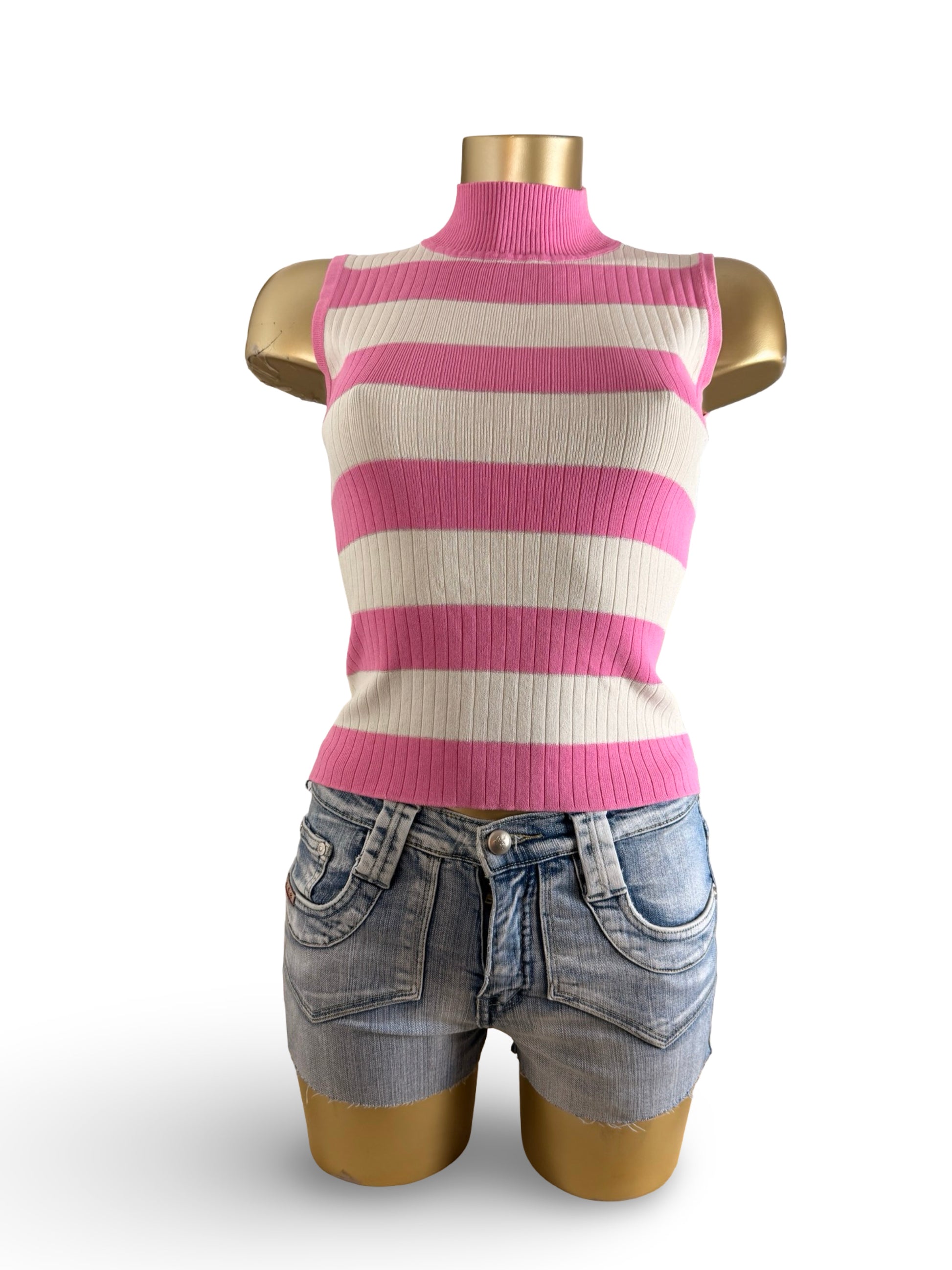 Pink striped high neck tight fit tank top (S/M)