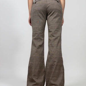 Brown check print office low rise flared pants (M)