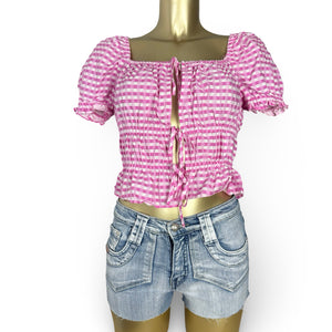 Pink check print 100%cotton tee (S)