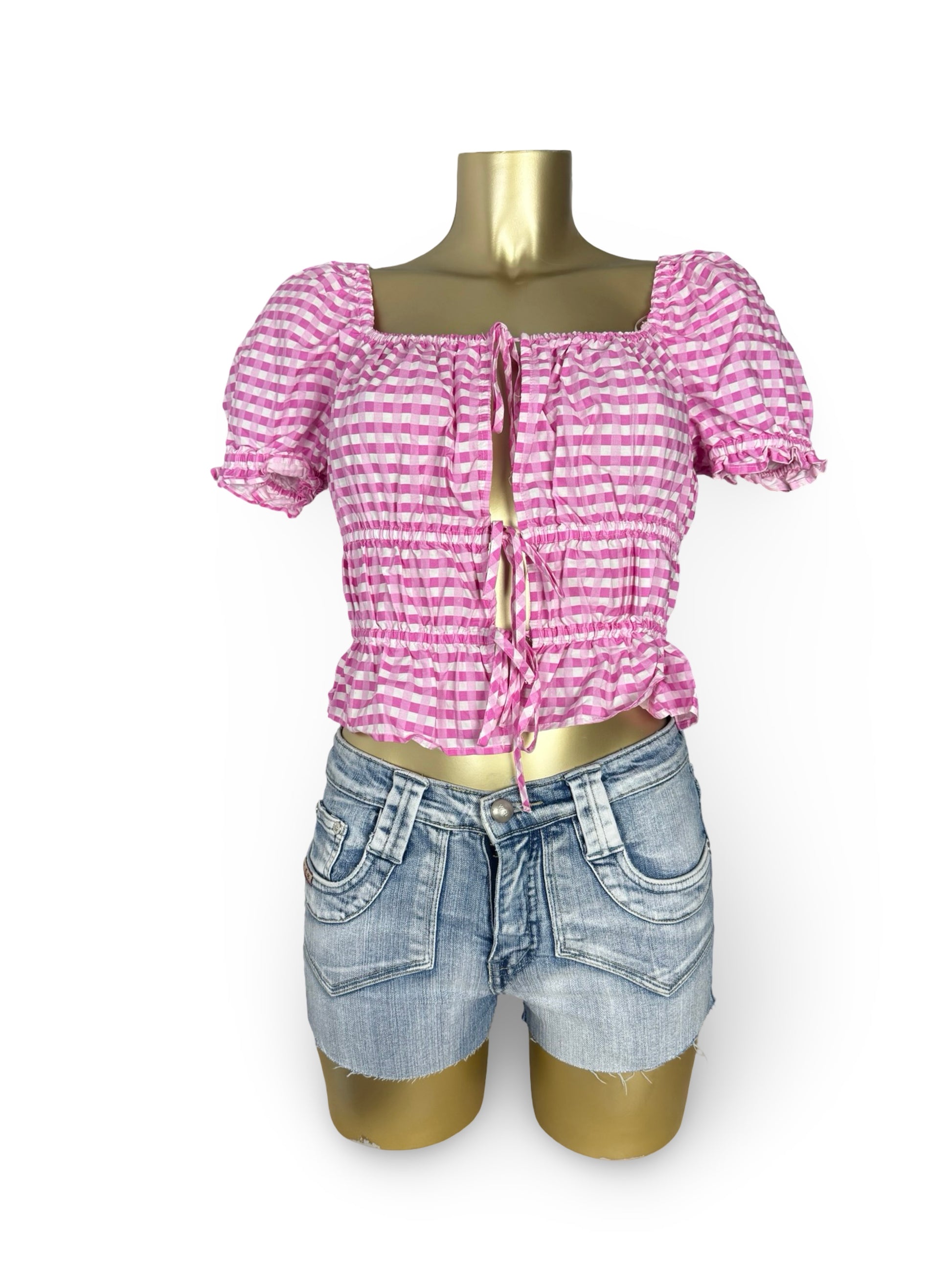 Pink check print 100%cotton tee (S)