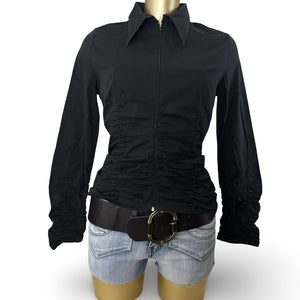 Black cotton ruched zip up tight fit shirt jacket (XL)