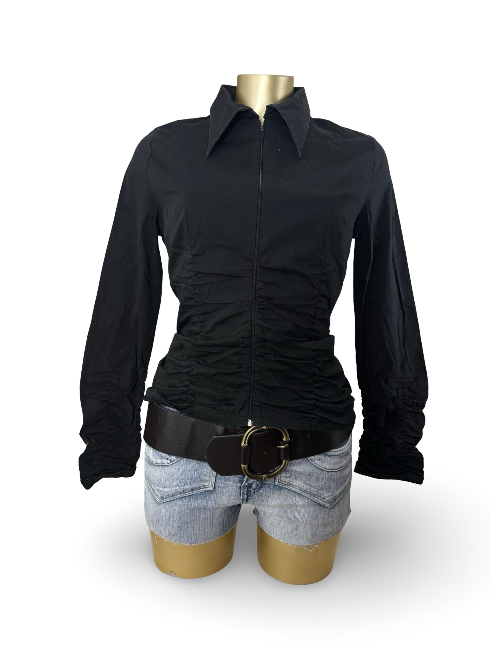 Black cotton ruched zip up tight fit shirt jacket (XL)