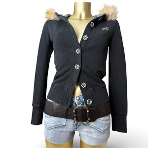 Black tight fit faux fur hooded jacket (XS/S)