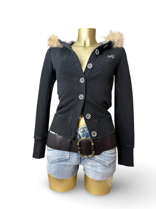 Black tight fit faux fur hooded jacket (XS/S)