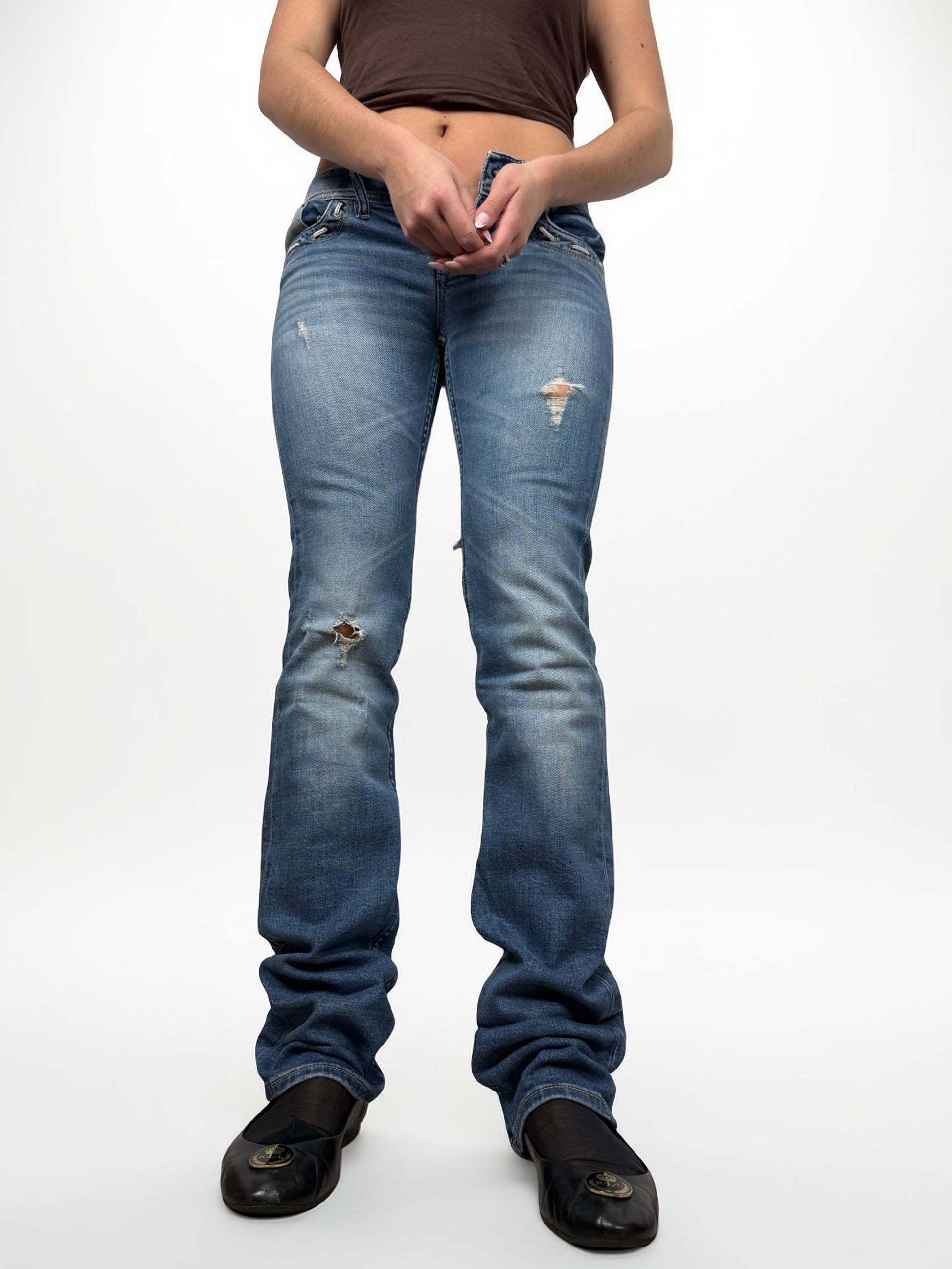 Blue low rise straight legs denim pants (S)