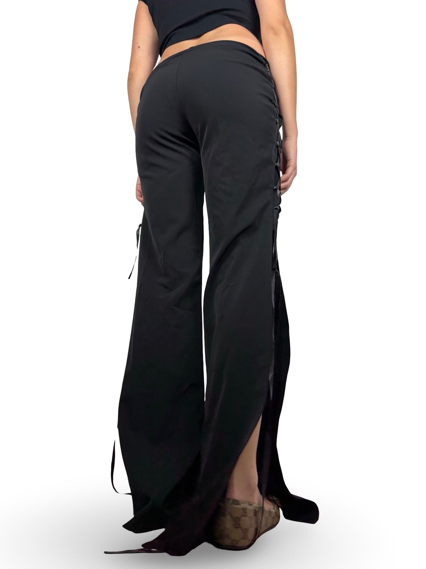 Black low waist office tie up flare pants (S/M)