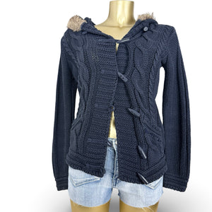 Navy cotton faux fur hooded cardigan  jumper (M/L)