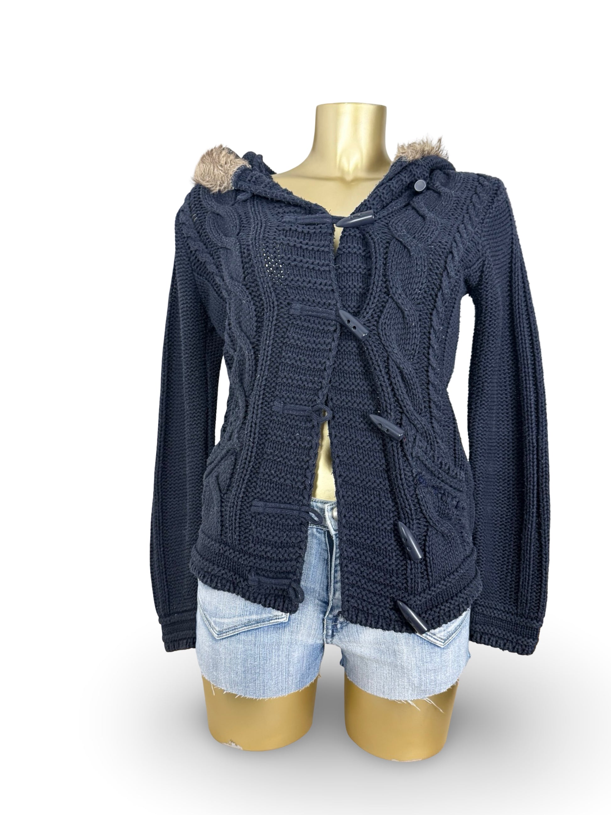 Navy cotton faux fur hooded cardigan  jumper (M/L)