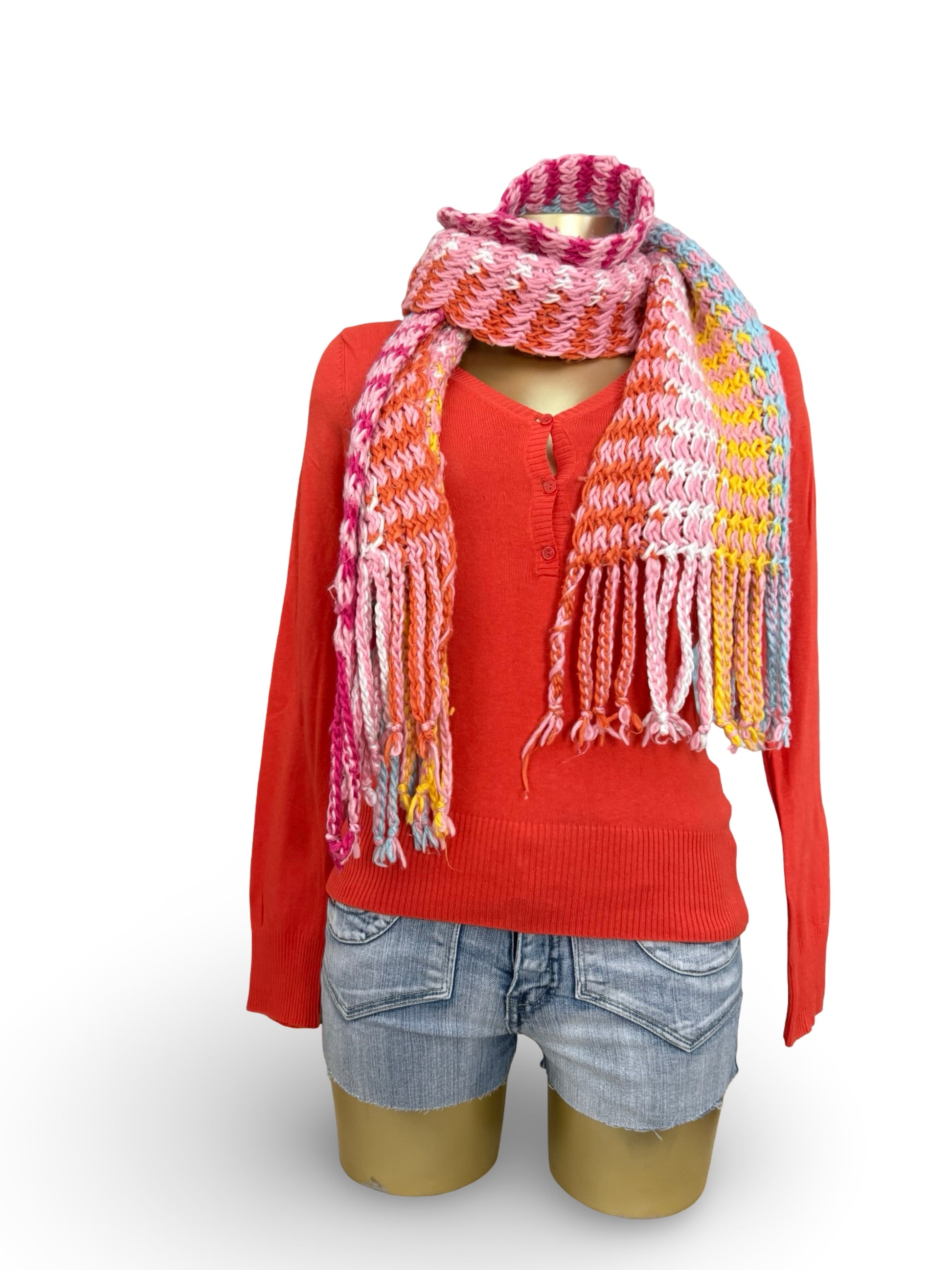 Multicolor pink striped knitted winter scarf
