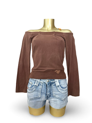 Brown off shoulder tie up long sleeves top (S/M)