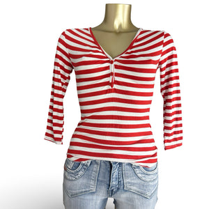 Red striped V neck long sleeves top (S)