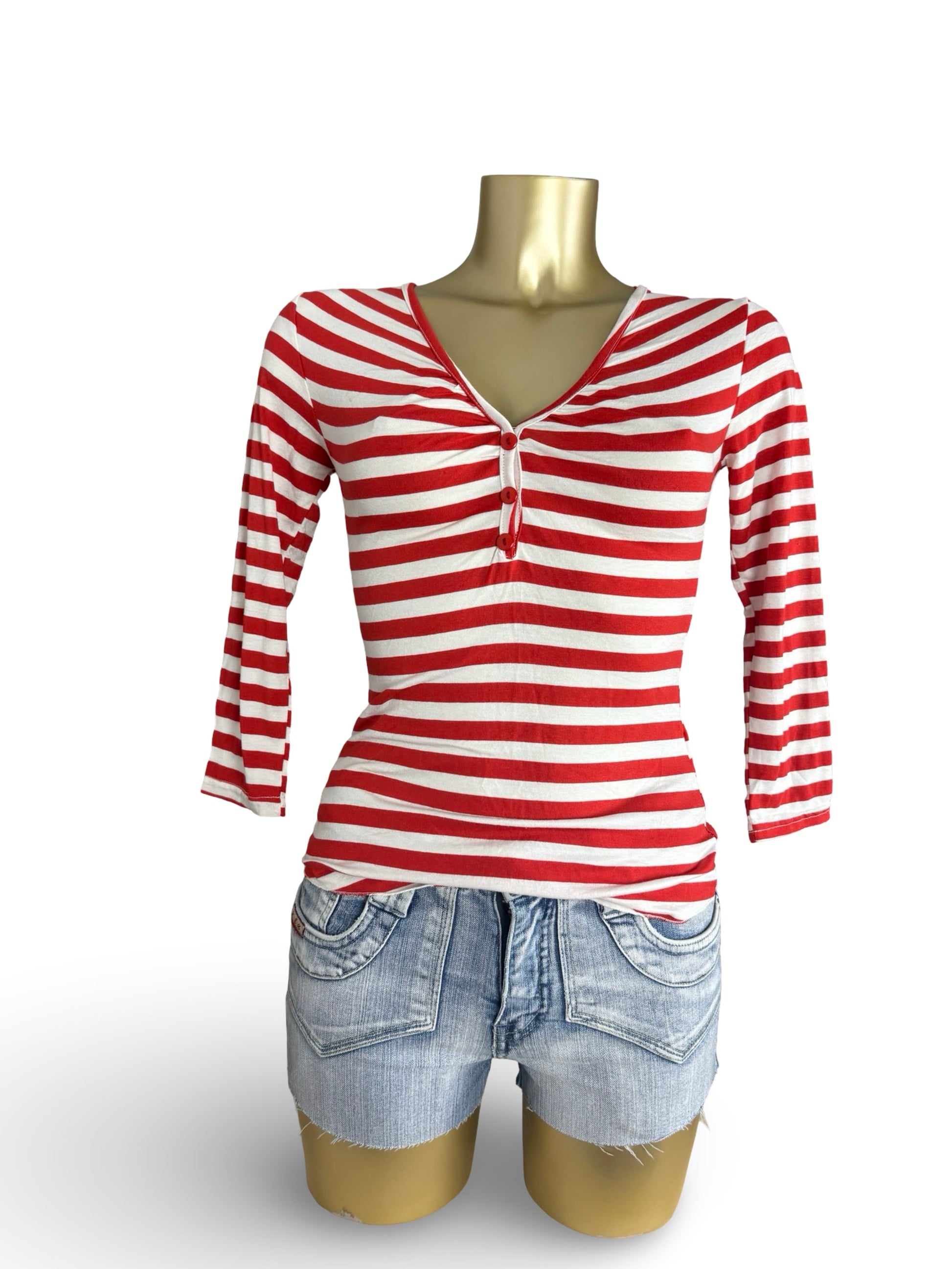 Red striped V neck long sleeves top (S)