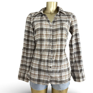 Beige check print cotton long sleeves shirt (M)