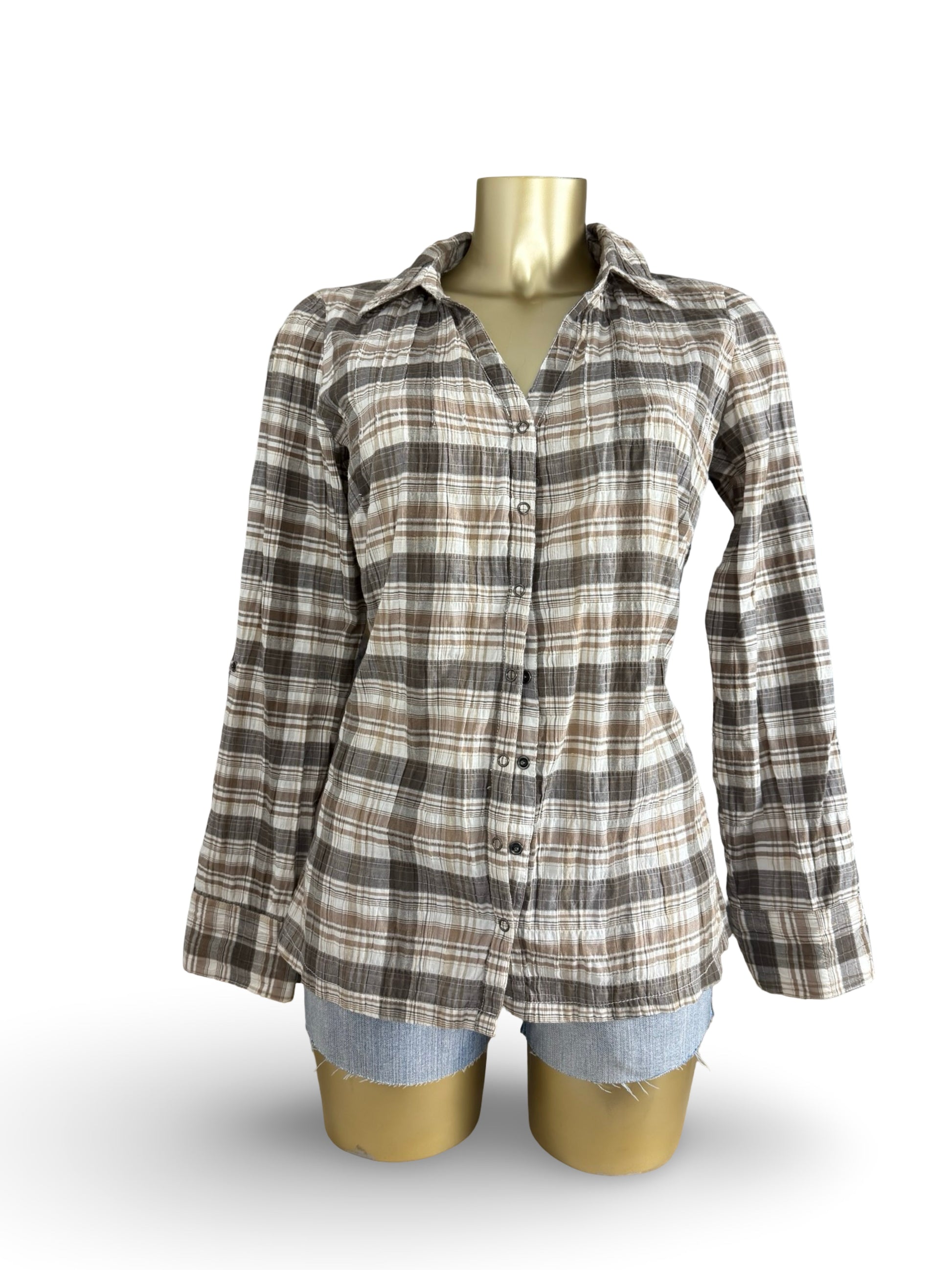 Beige check print cotton long sleeves shirt (M)