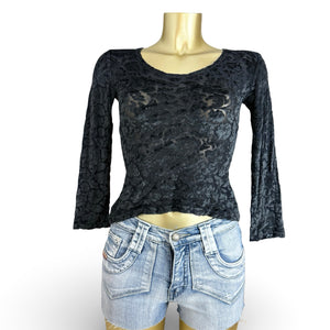 Black floral velvet long sleeves top (S)