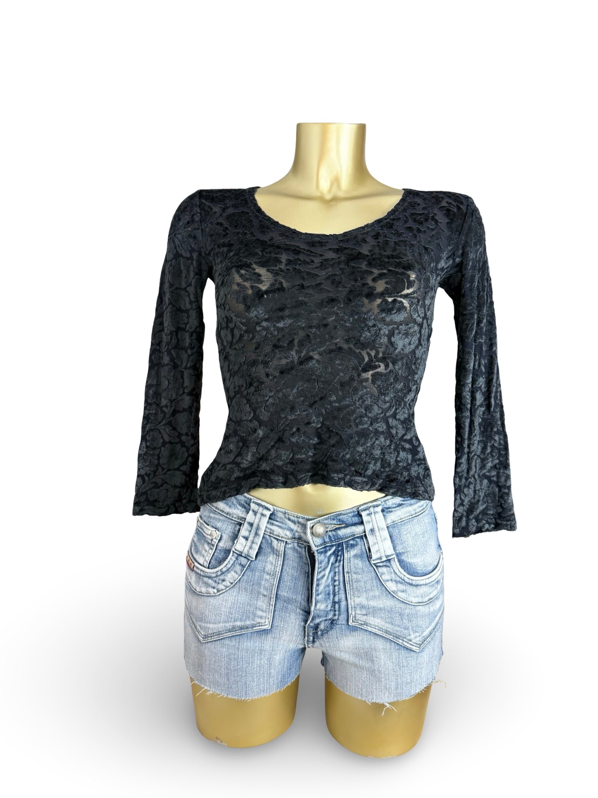 Black floral velvet long sleeves top (S)