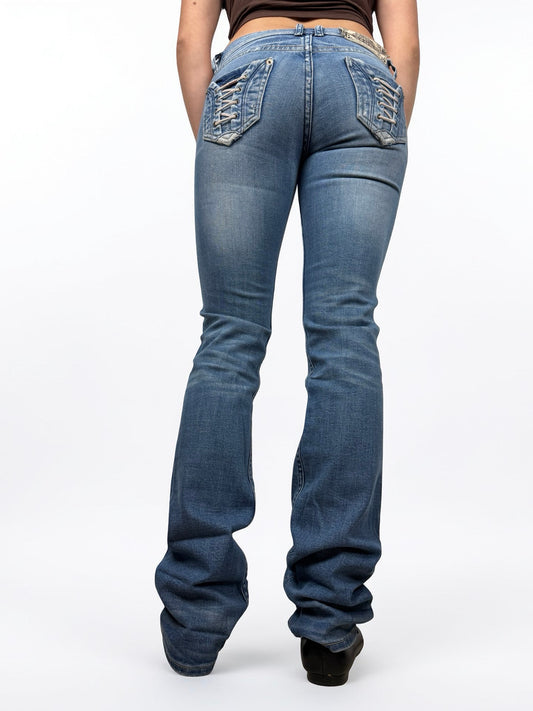 Blue low rise straight legs denim pants (S)