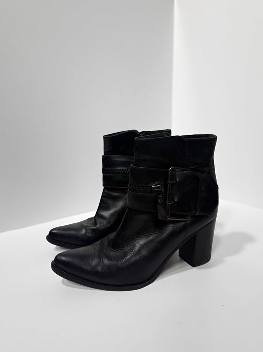 Black real leather buckle belt heels boots (37)