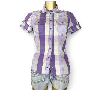 Purple check buttons up tee (L)